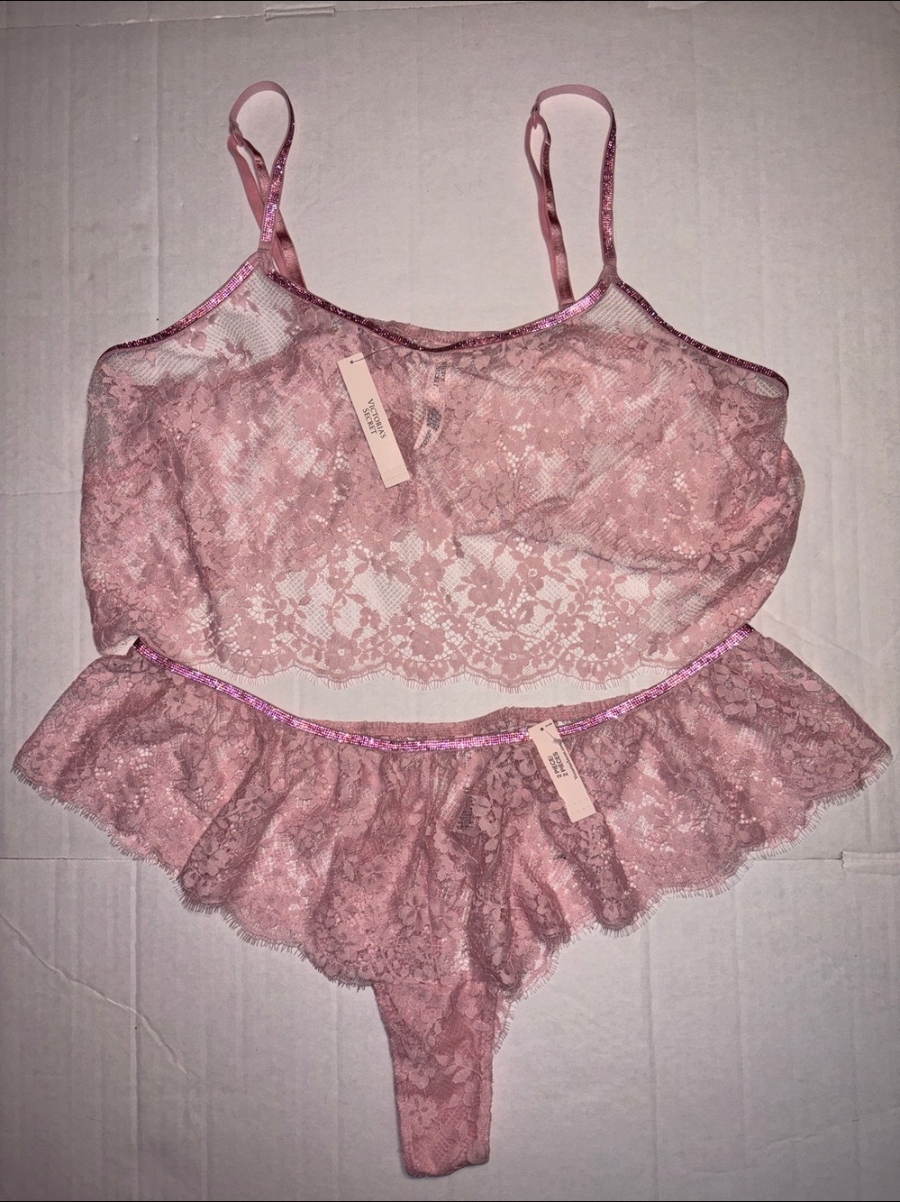 Victoria’s Secret Pink Lace Sparkle Strap 2 Piece Set XXL New With Tags
